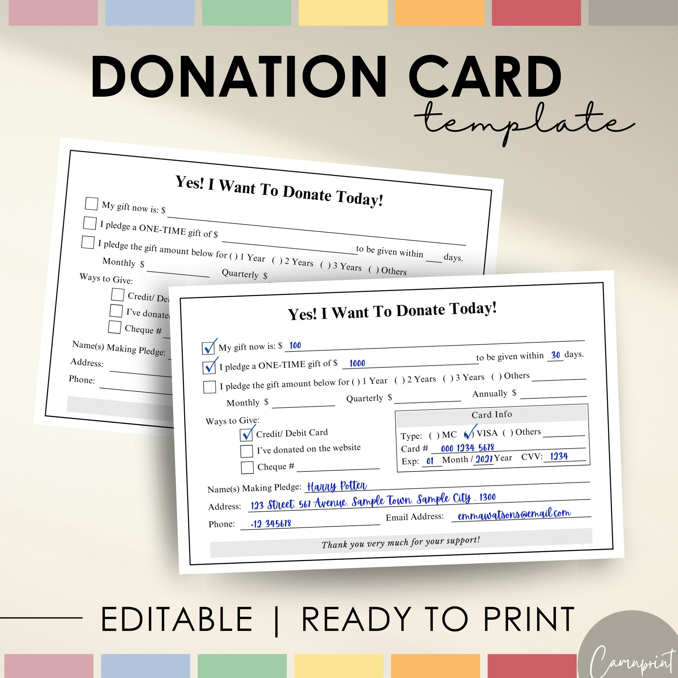 Editable Donation Card Printable Pledge Form Donation Form 