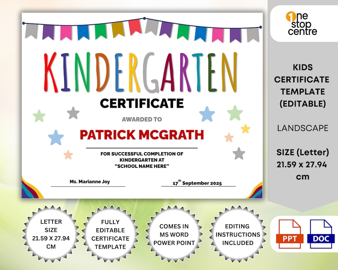 Editable Kindergarten Certificate Templates Kindergarten Graduation Award Template Preschool Certificate Printable Kids School Graduation Etsy