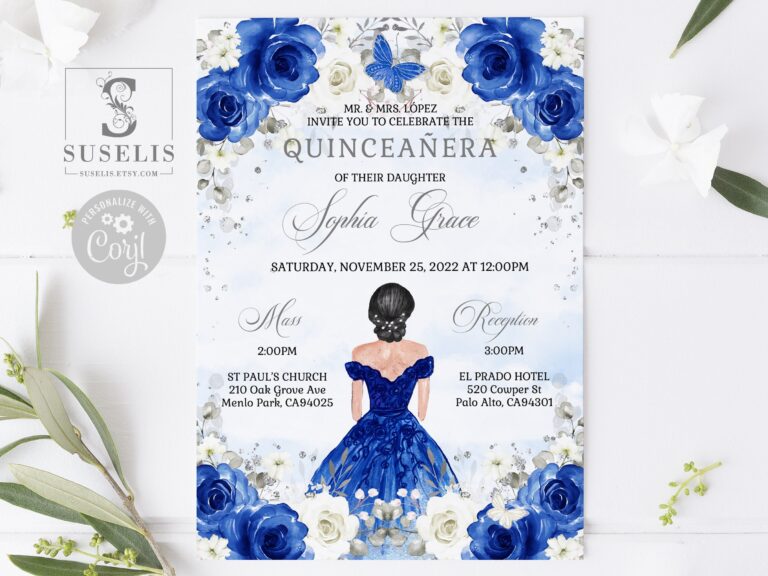EDITABLE Quinceanera Invitation Template Lista De Padrinos Royal Blue Floral Butterfly Mis Quince Sweet 16 Printable Download QU084 Etsy Norway