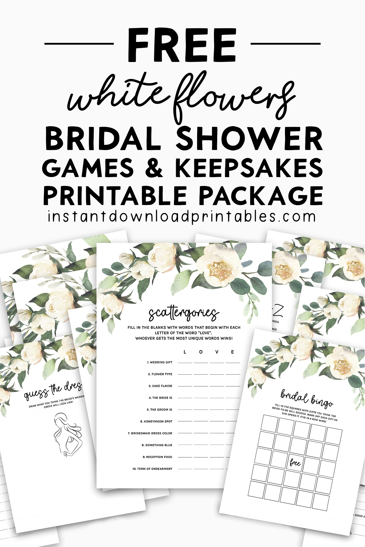 Free Bridal Shower Games And Keepsakes Printable Package White 