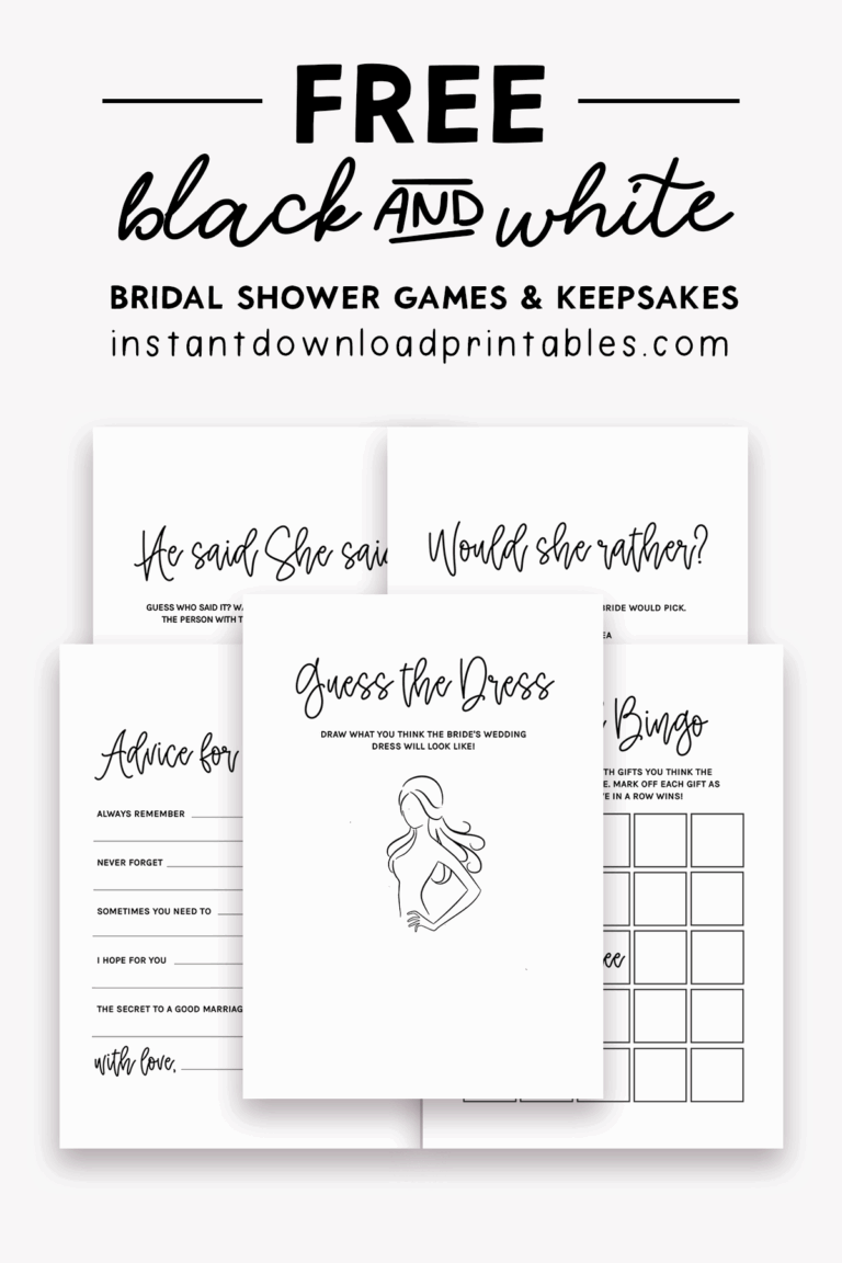 Free Bridal Shower Games And Keepsakes Printables Black And White Instant Download Printables