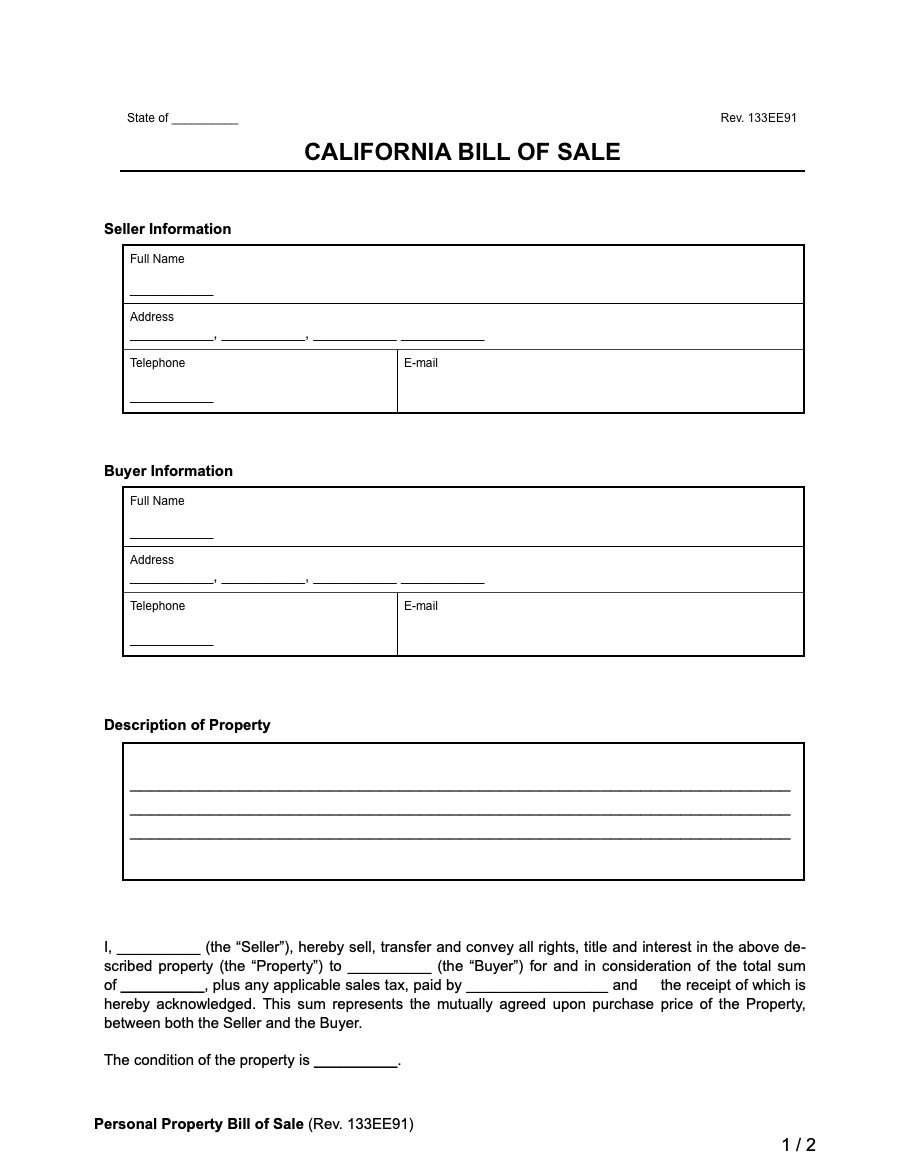 Printable Blank Car Title Template California