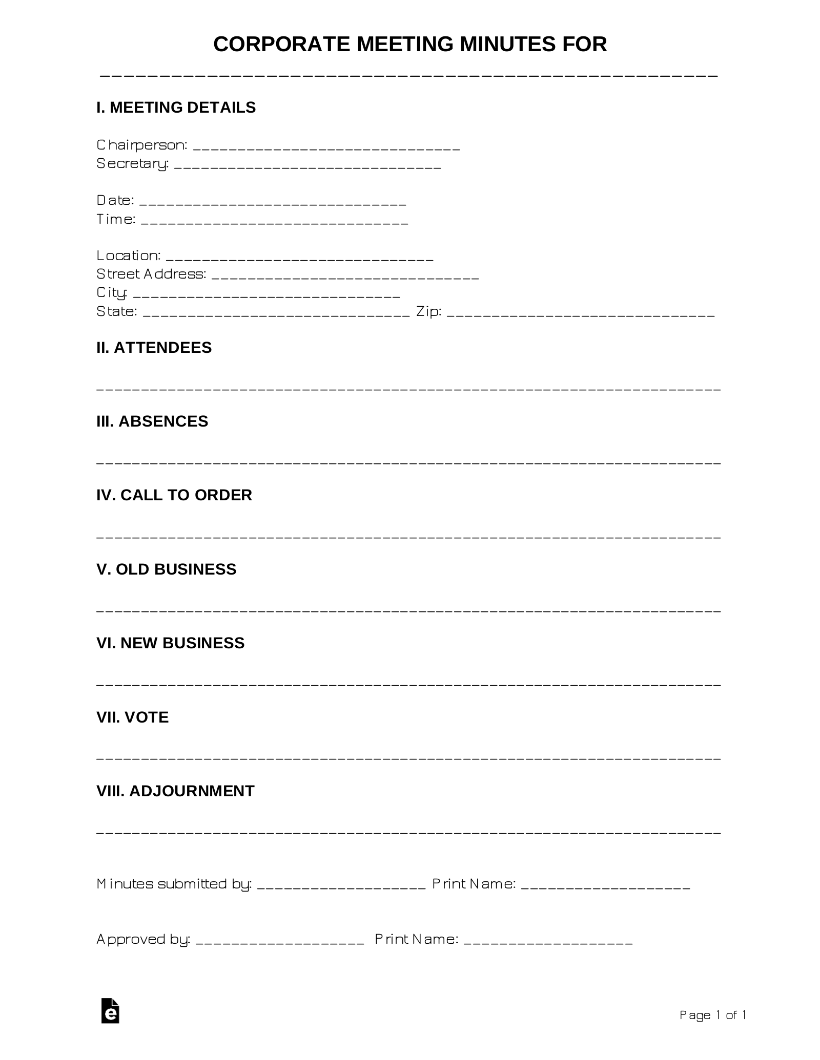 Free Corporate Meeting Minutes Template PDF Word EForms