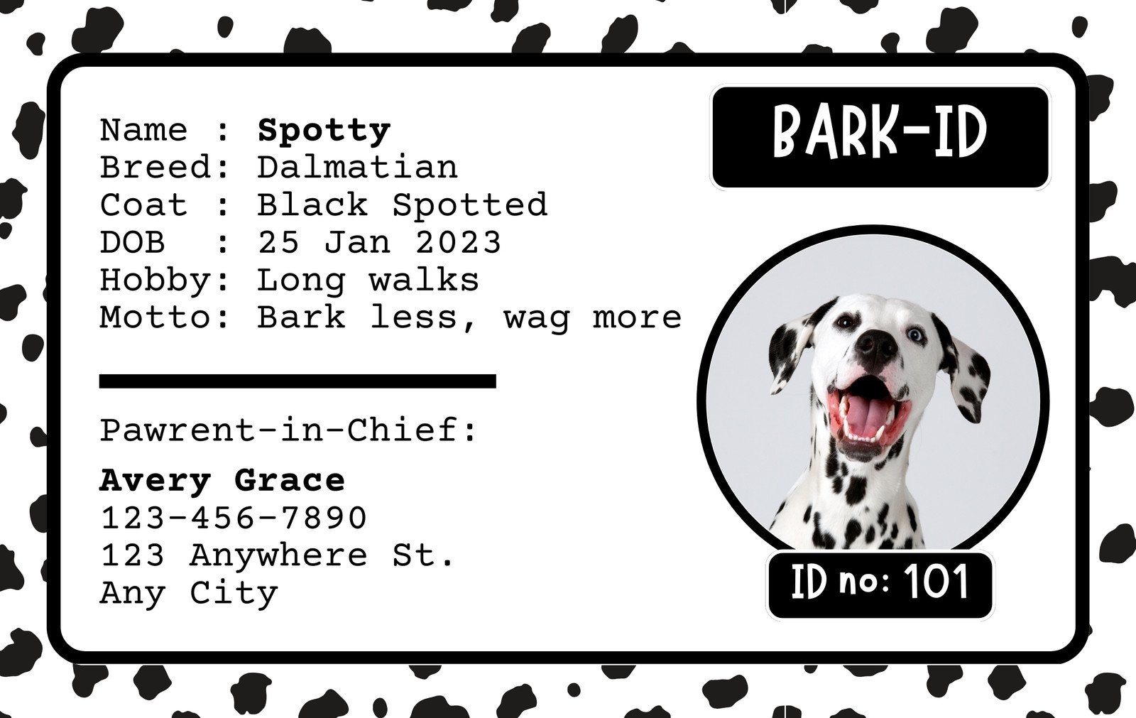 Free Custom Printable Dog ID Card Templates Canva