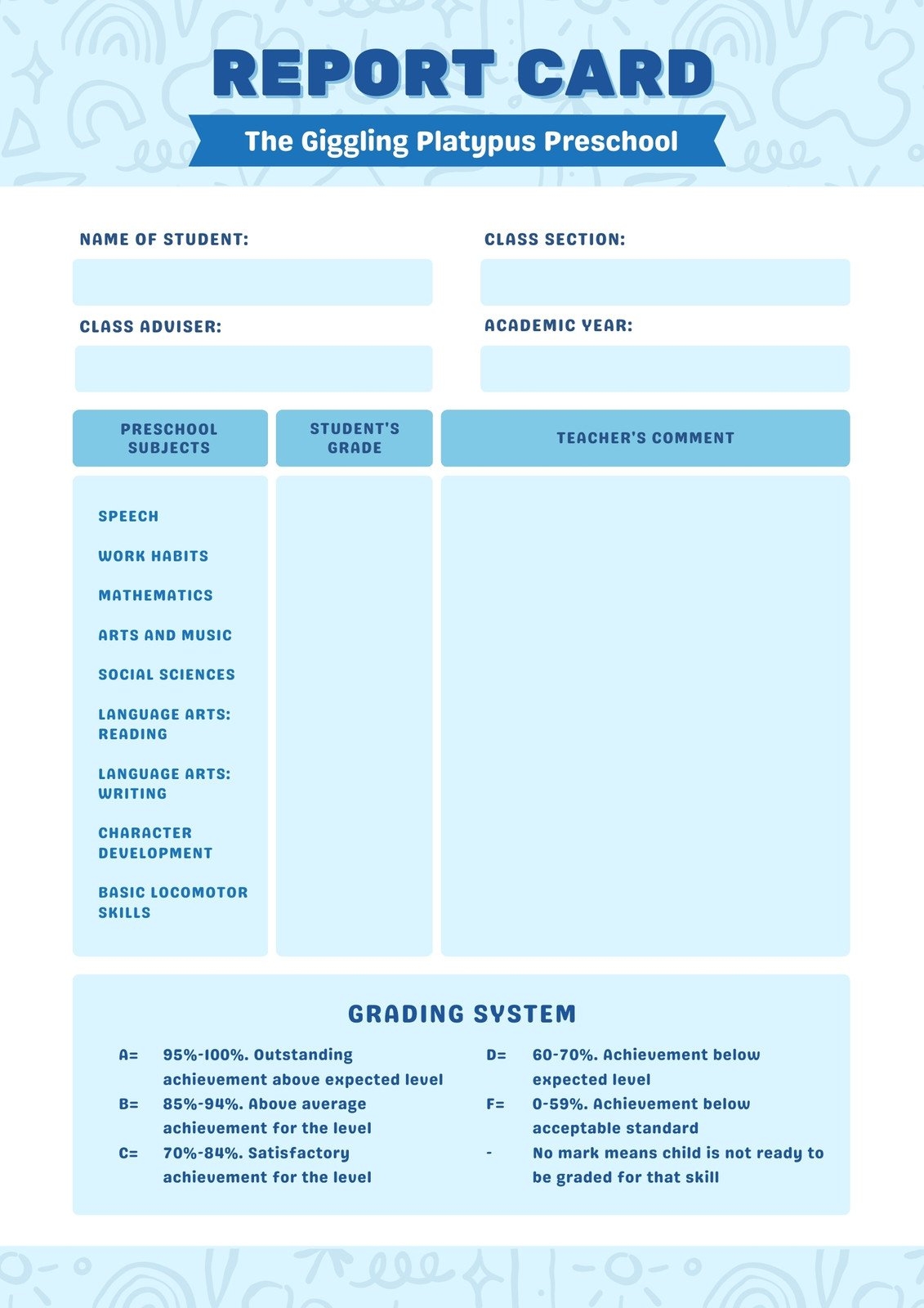 Free Printable Kindergarten Report Card Template