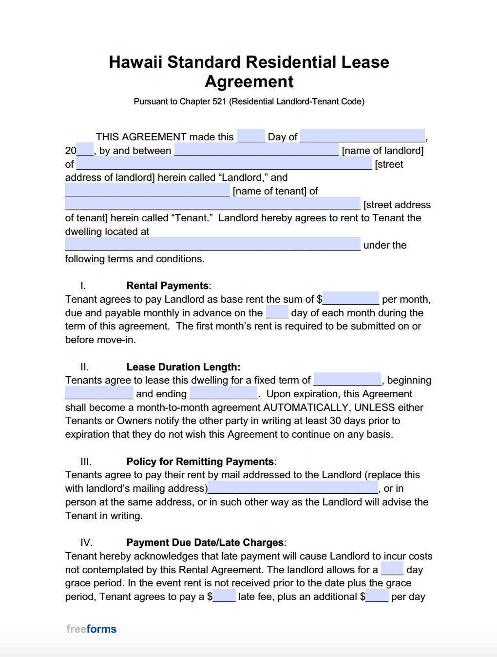 Free Hawaii Rental Lease Agreement Templates PDF Word