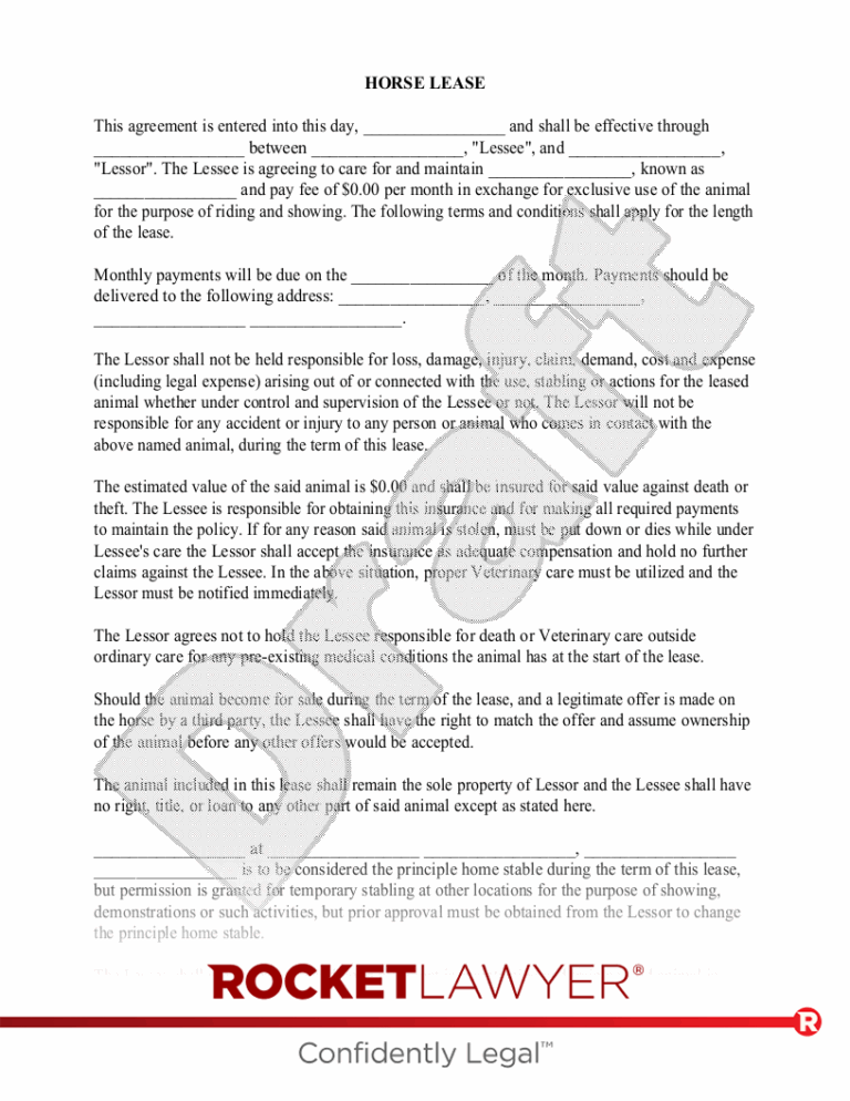 Free Horse Lease Make Sign U0026 Download Rocket Lawyer