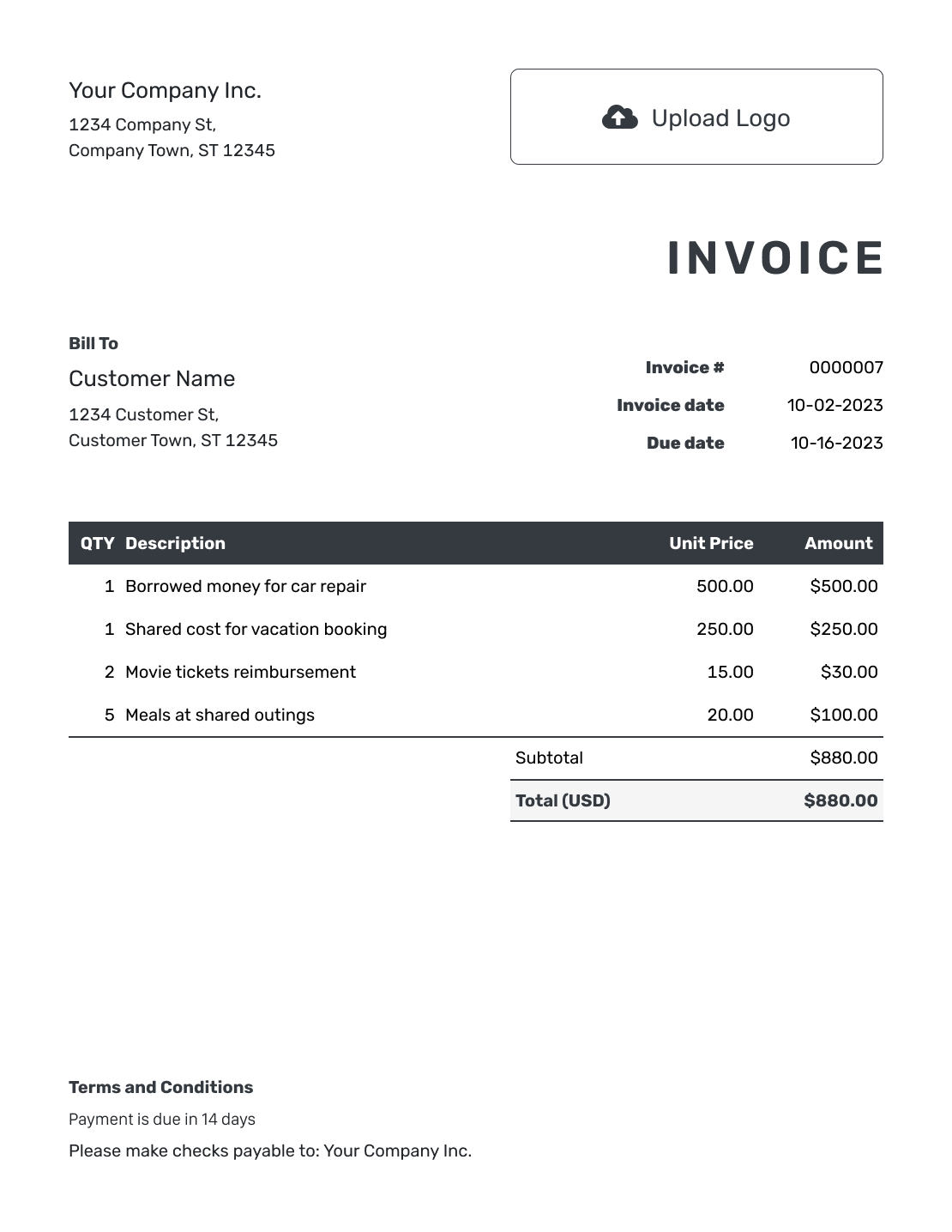 Free Personal Invoice Template Docelf
