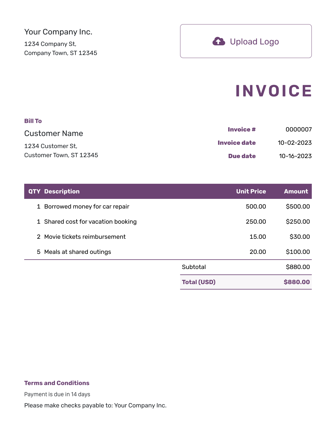 Free Personal Invoice Template Docelf