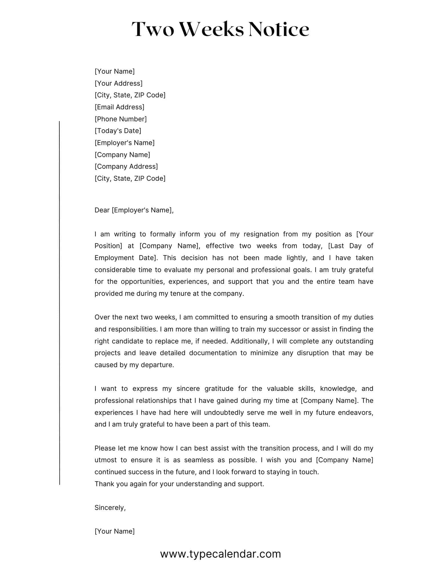 Free Printable Two Weeks Notice Letter Templates Word PDF 