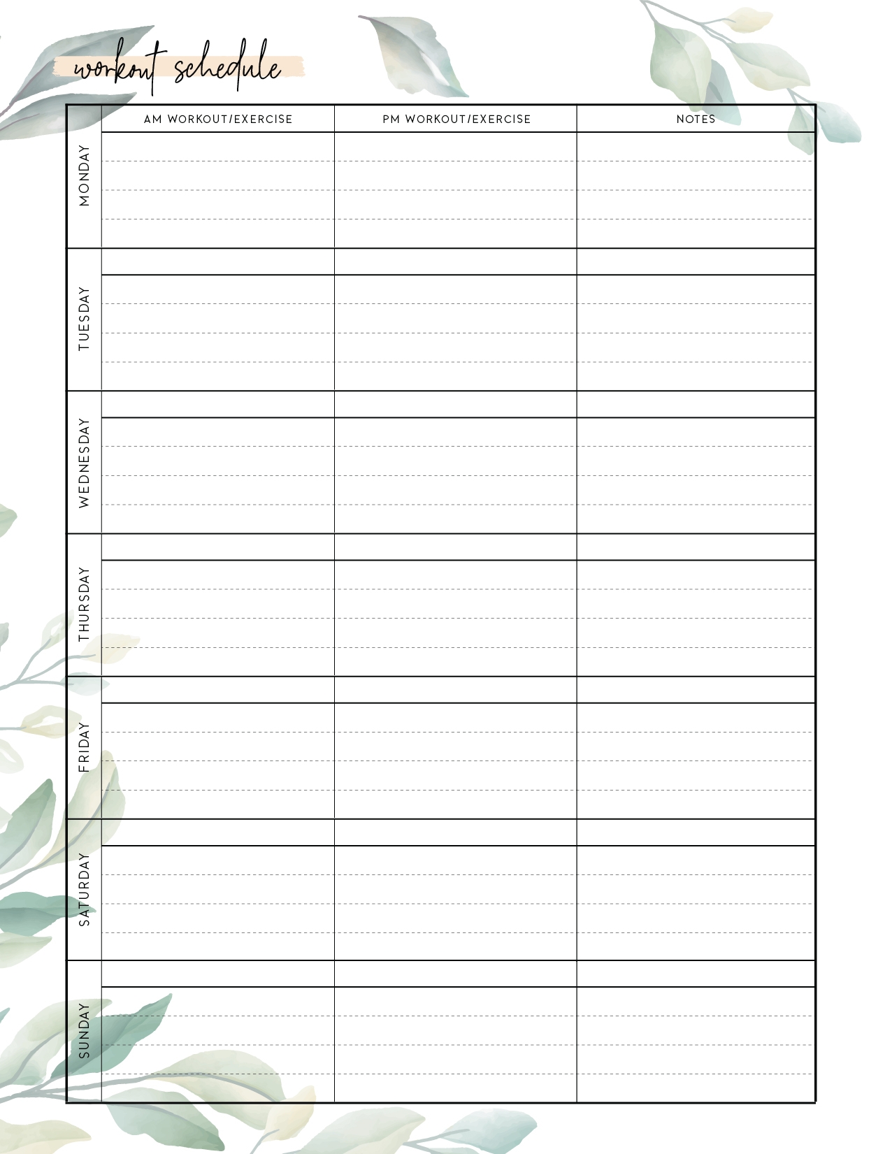 Printable Blank Workout Calendar