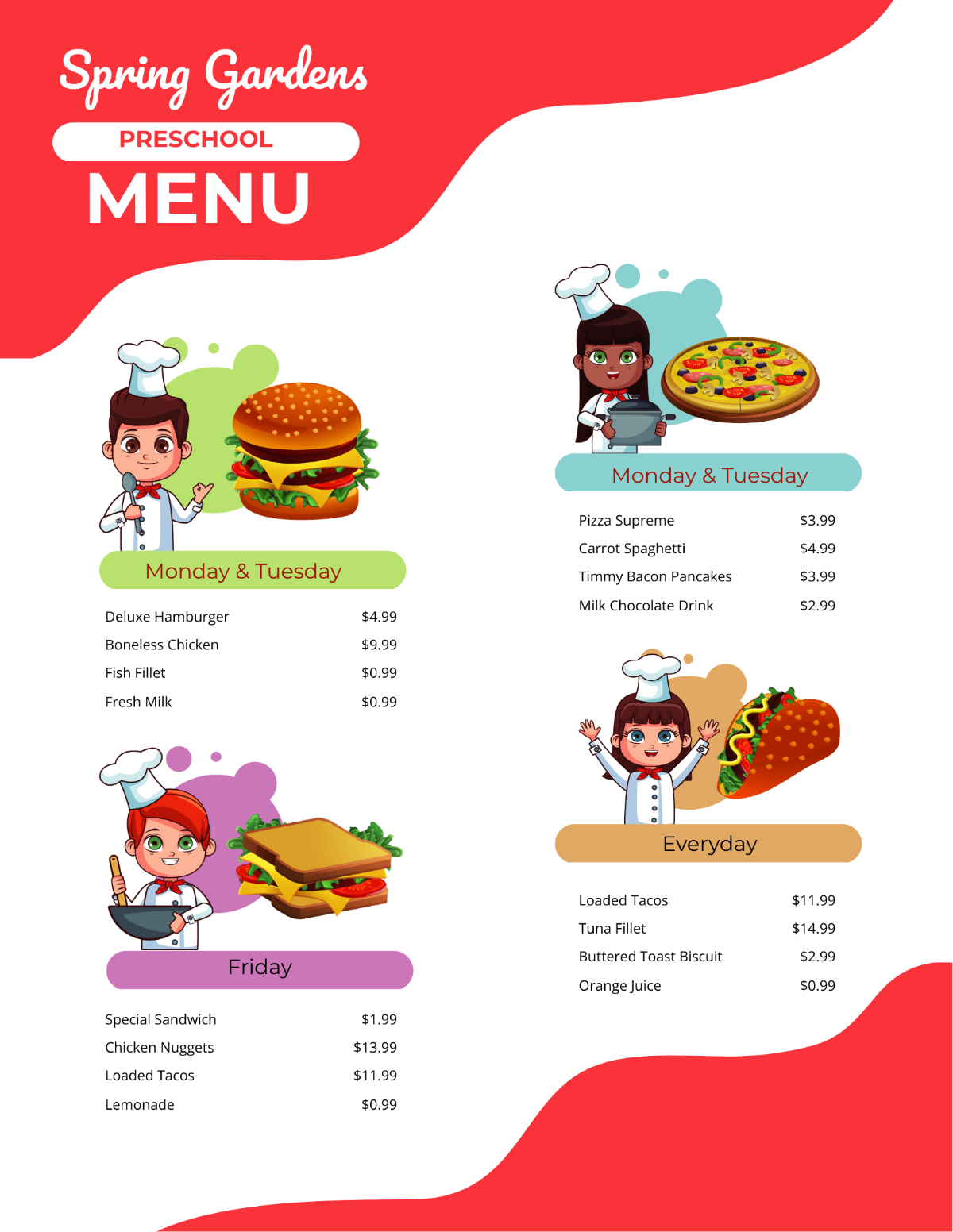 Free Printable School Lunch Menu Template