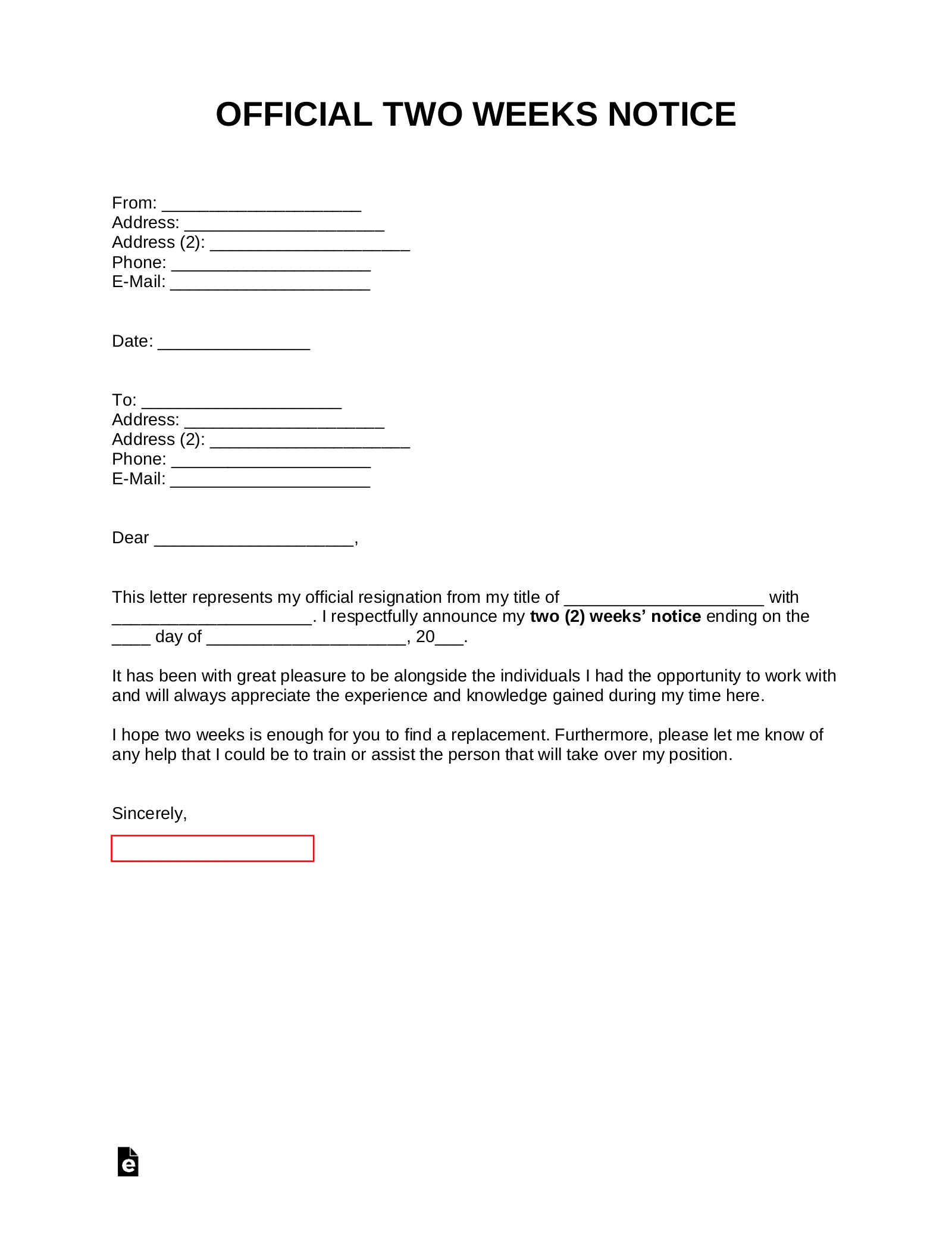 Free Two Weeks Notice Letter Templates U0026 Samples PDF Word EForms