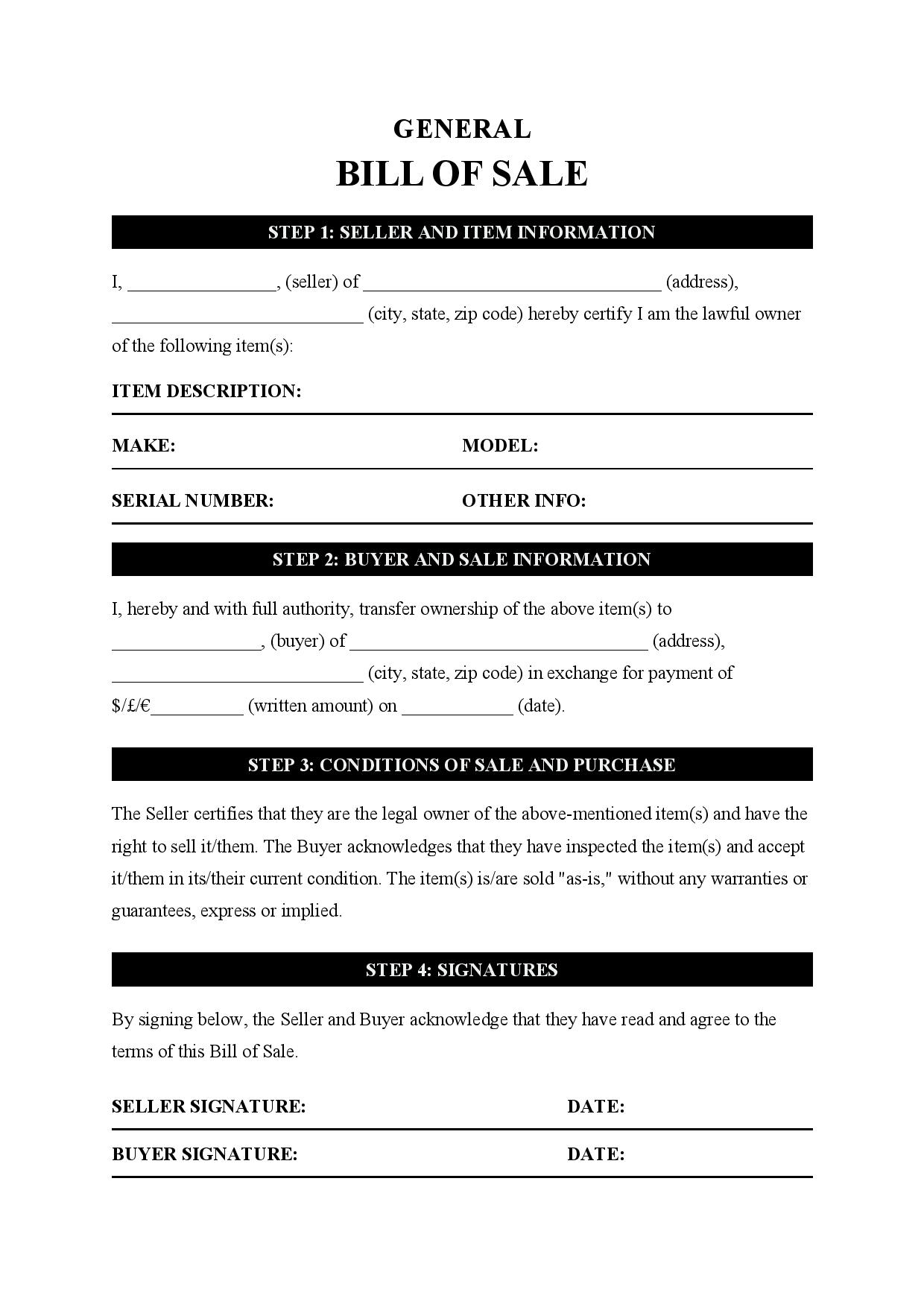 Bill Of Sale Template Printable Free