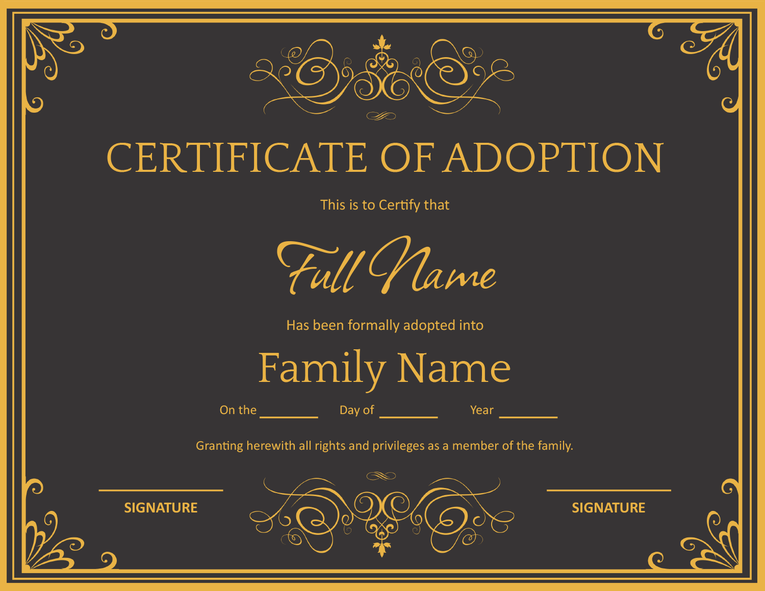 Gold And Black Certificate Of Adoption Template Word Google Docs Highfile
