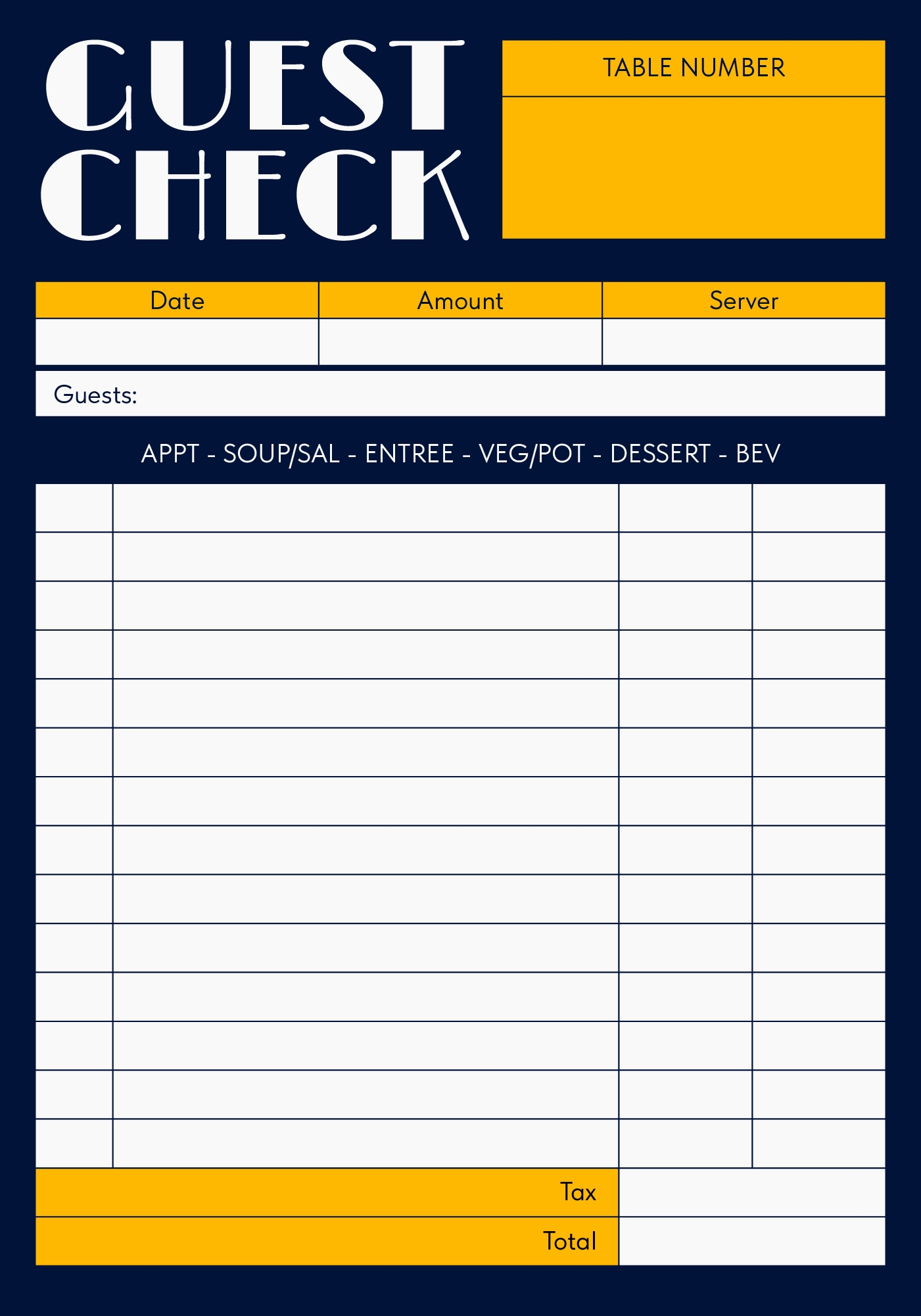 Free Printable Guest Check Template