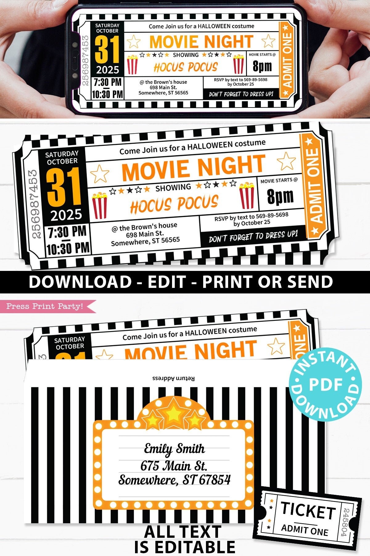 Halloween Movie Ticket Invitation Printables Orange And Black Ticket Template Halloween Movie Night Party Ticket Stub INSTANT DOWNLOAD Etsy