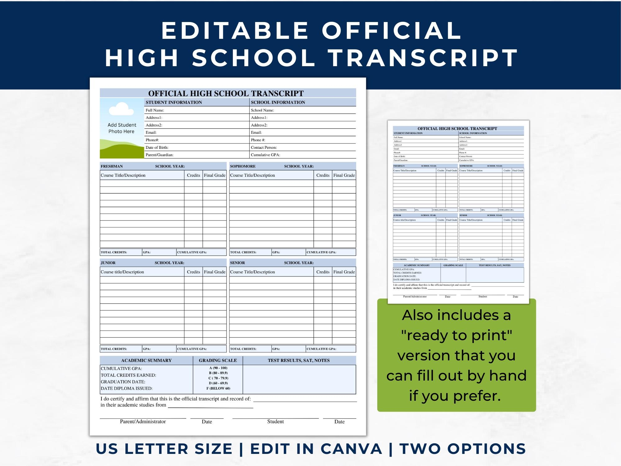 High School Transcript Template Editable Official Homeschool 