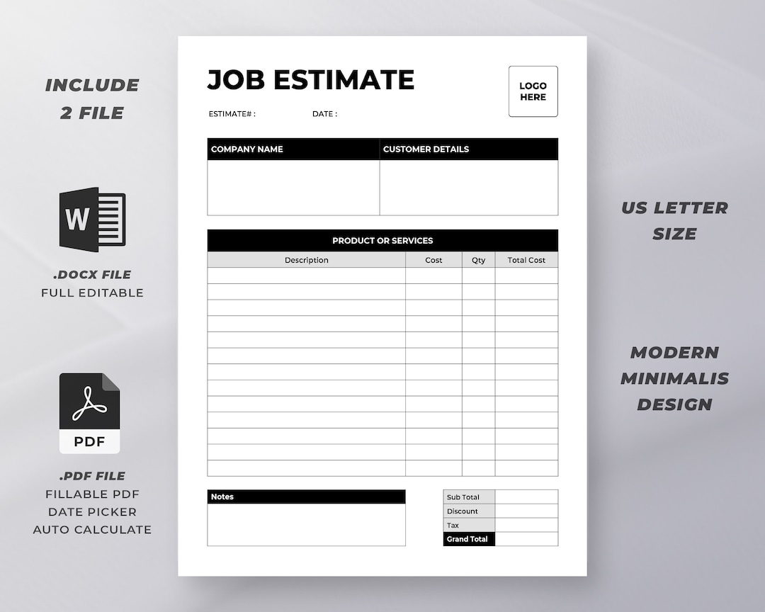 Job Estimate Form Template Editable Estimate Template Printable Estimate Template PDF And Word Template Minimalist Design Style Etsy Job Estimate Form Template Editable Estimate Template Printable Estimate Template PDF And Word Template Minimalist Design Style Etsy
