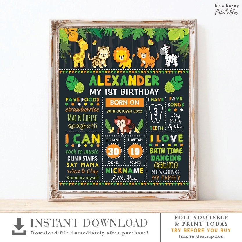 Jungle Birthday Milestone Chalkboard Poster Safari First 1st Birthday Sign Cute Baby Animals Nursery Decor EDITABLE TEMPLATE JUN3 Etsy