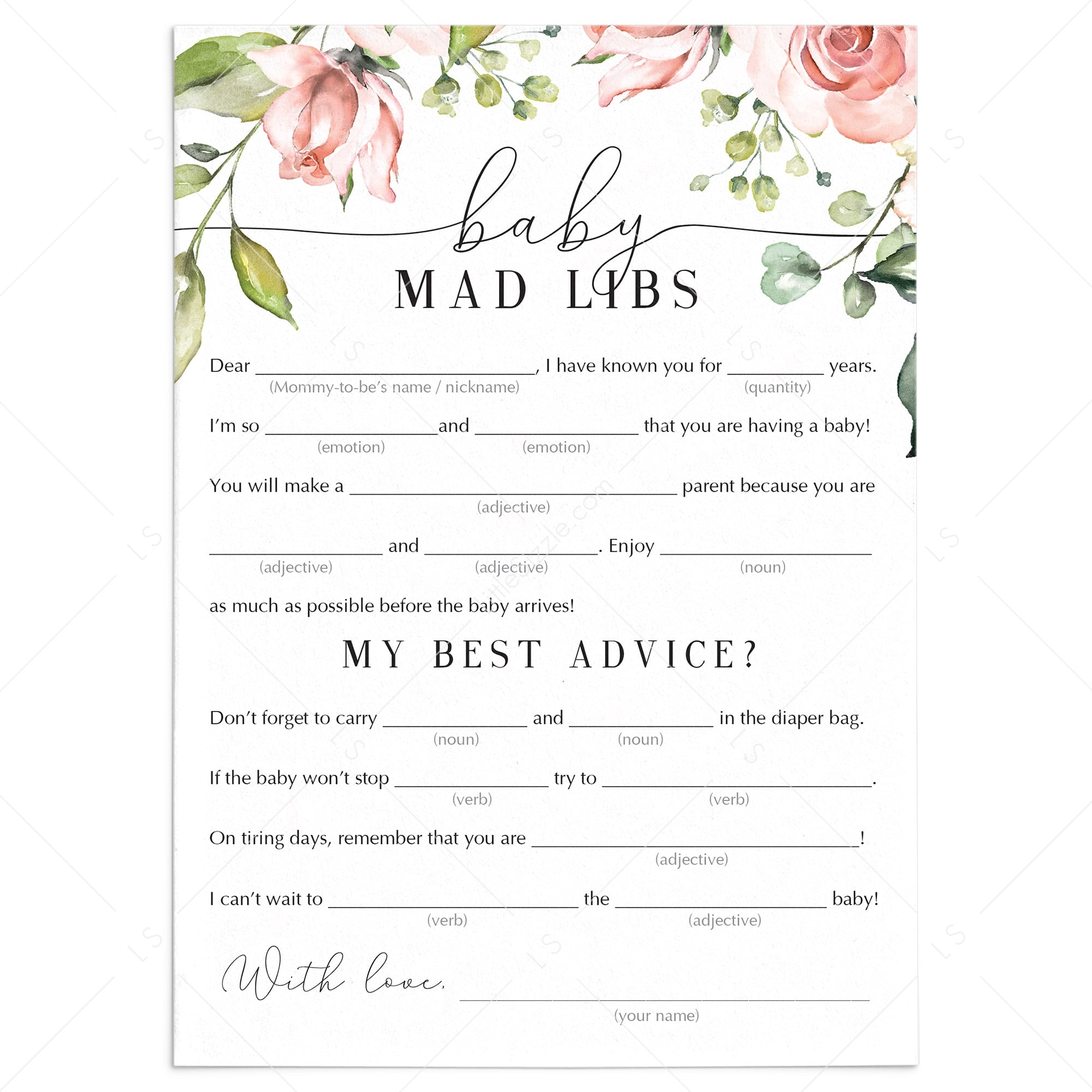 Mad Libs Funny Baby Shower Advice Card Printable Floral Instant Worksheets Library Mad Libs Funny Baby Shower Advice Card Printable Floral Instant Worksheets Library