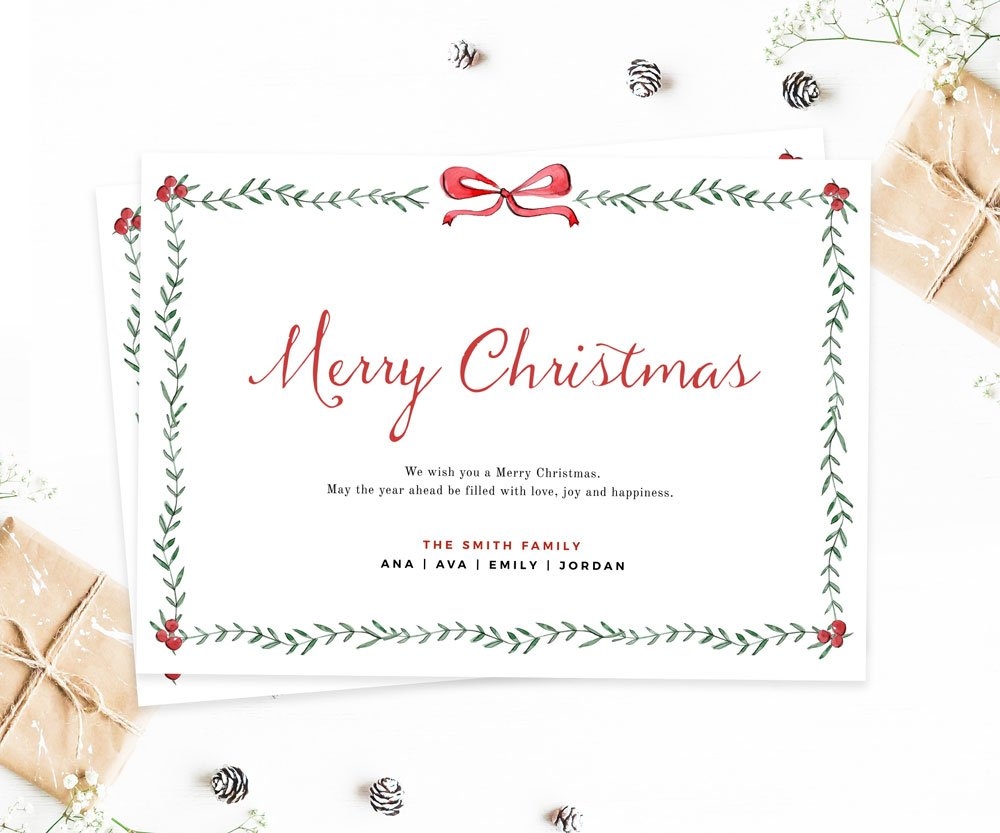 Minimal Christmas Card Template Greenery Christmas Card Border 2023 Printable Editable Holiday Card Horizontal Instant Download Corjl 489