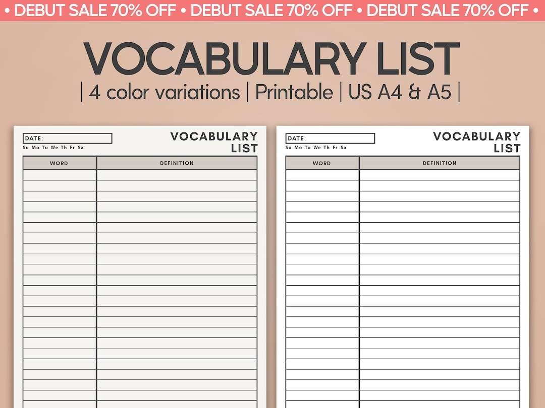 Minimal Vocabulary List Printable Vocabulary Note Worksheet Language Study Notebook Template Word Book Pdf Voca Card Planner Inserts Etsy