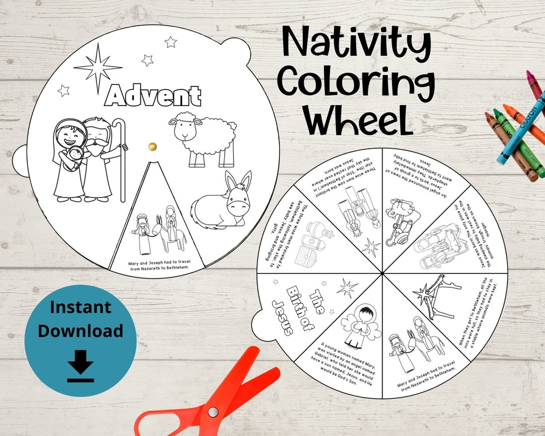 Nativity Coloring Wheel Kids Printable Advent Wheel Nativity Story Wheel Christmas Craft For Kids Birth Of Jesus Story Etsy UK