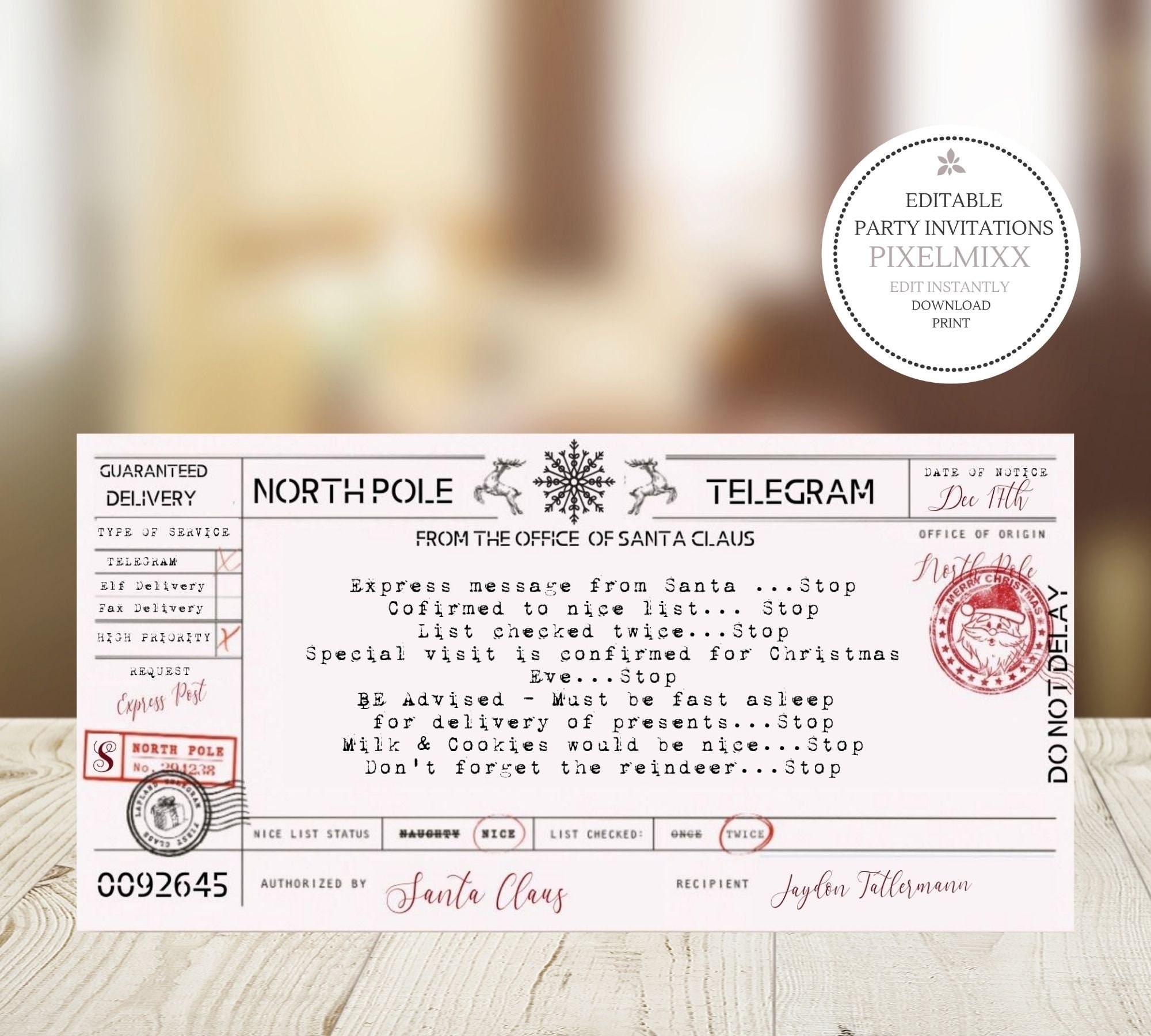 North Pole Telegram From The North Pole Santas Nice List 
