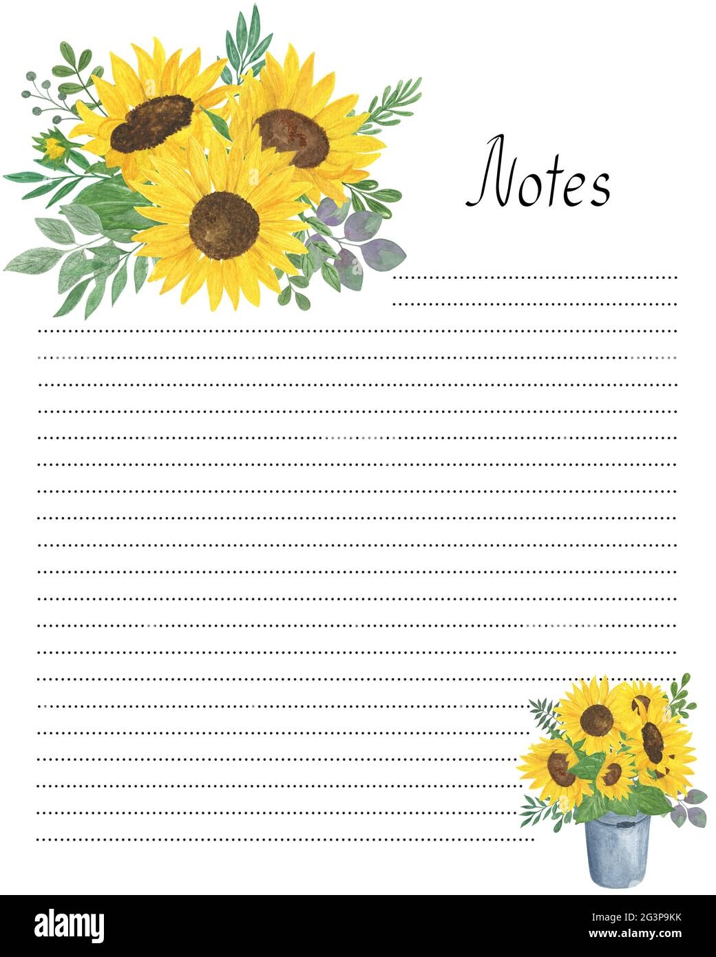 Notes Blank Lined Page Template With Floral Decoration Watercolor Illustration Yellow Sunflowers Green Leaves Flower Bouquet Printable Personal Dia Stock Photo Alamy