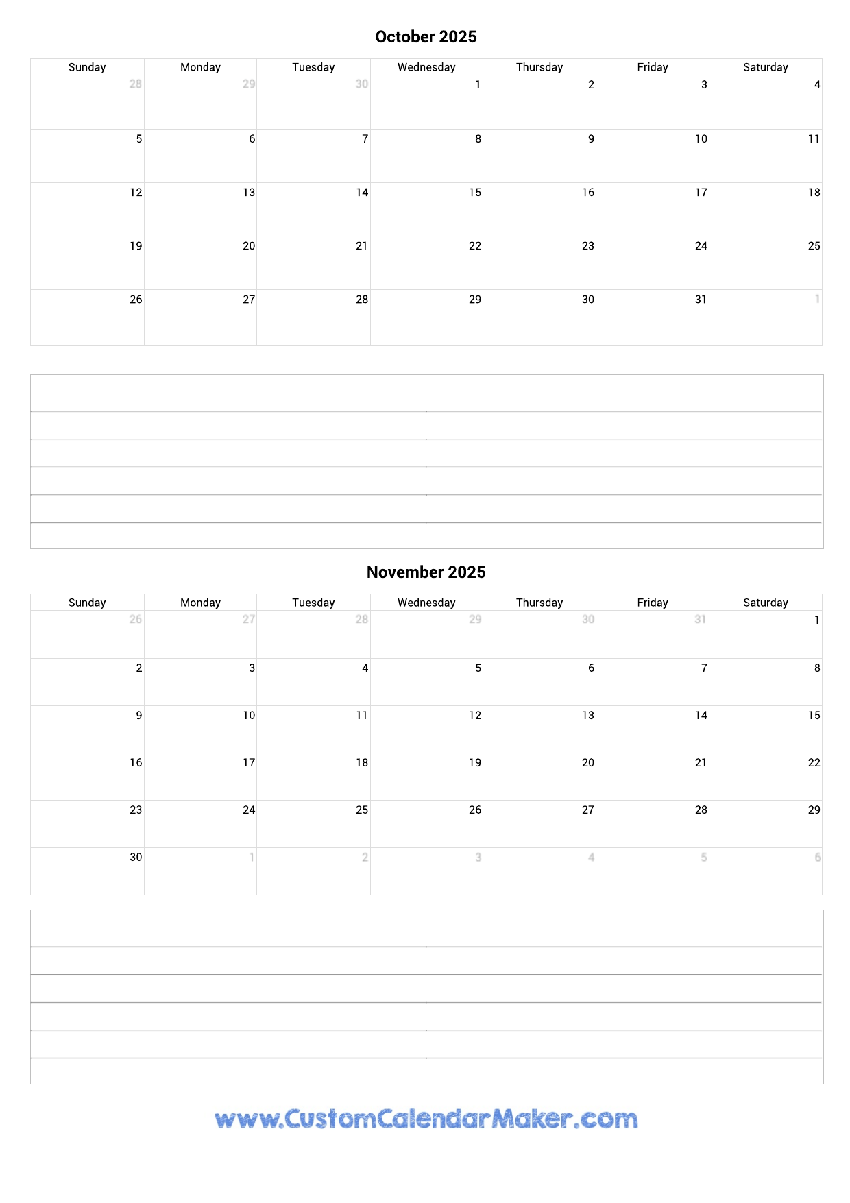 October And November 2025 Calendar Custom Calendar Maker