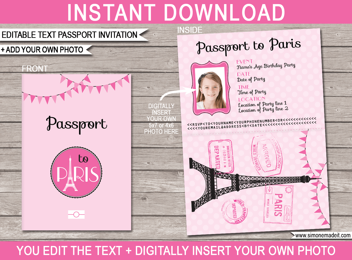 Paris Party Passport Invitations Template Pink
