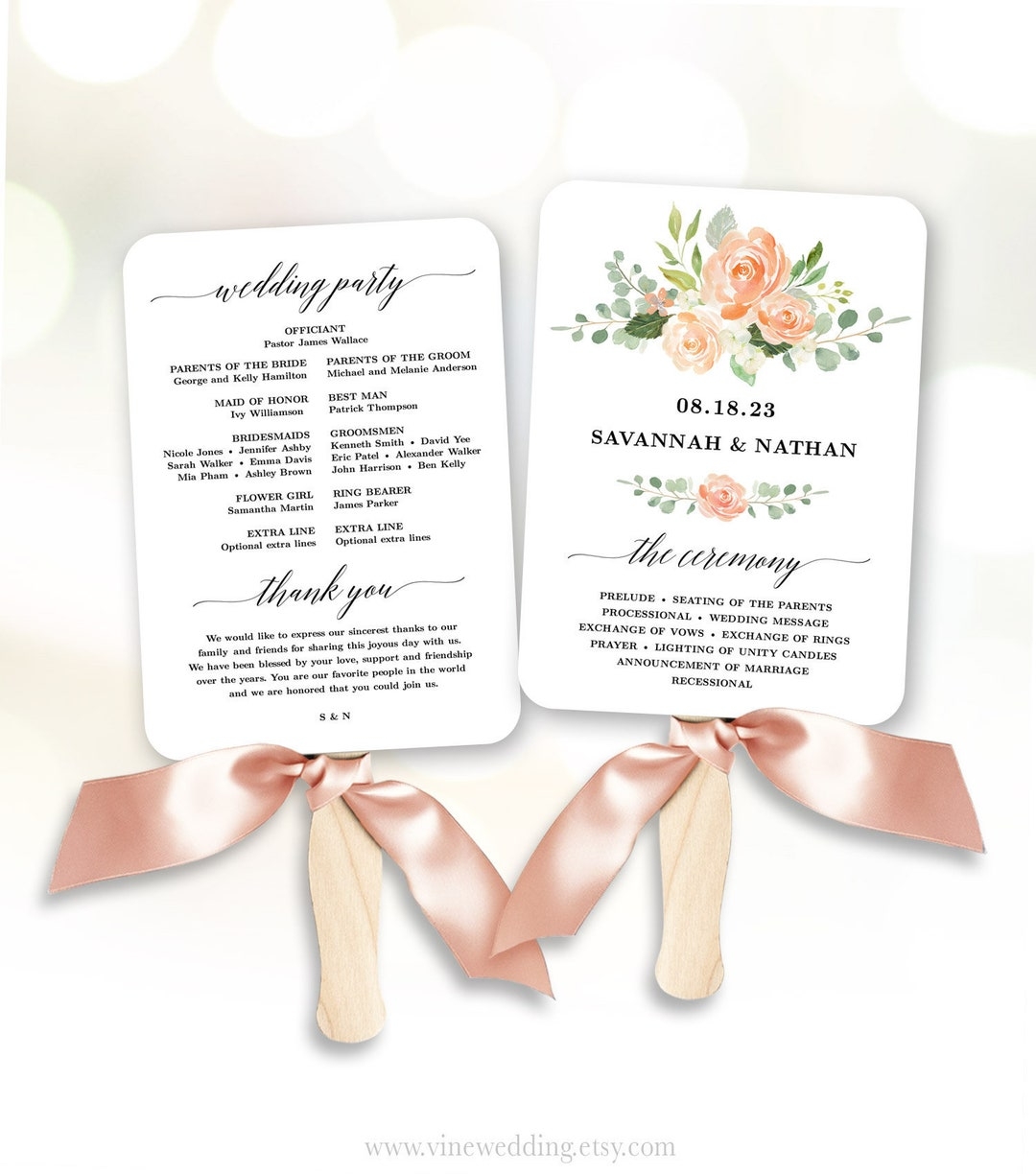 Peach Floral Wedding Program Fan Template Printable Fan Wedding Programs DIY Wedding Fans Editable Text Peach Blush VWC85 Etsy