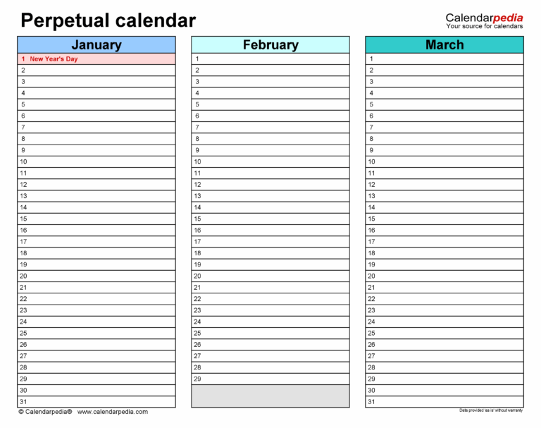Perpetual Calendars Free Printable PDF Templates