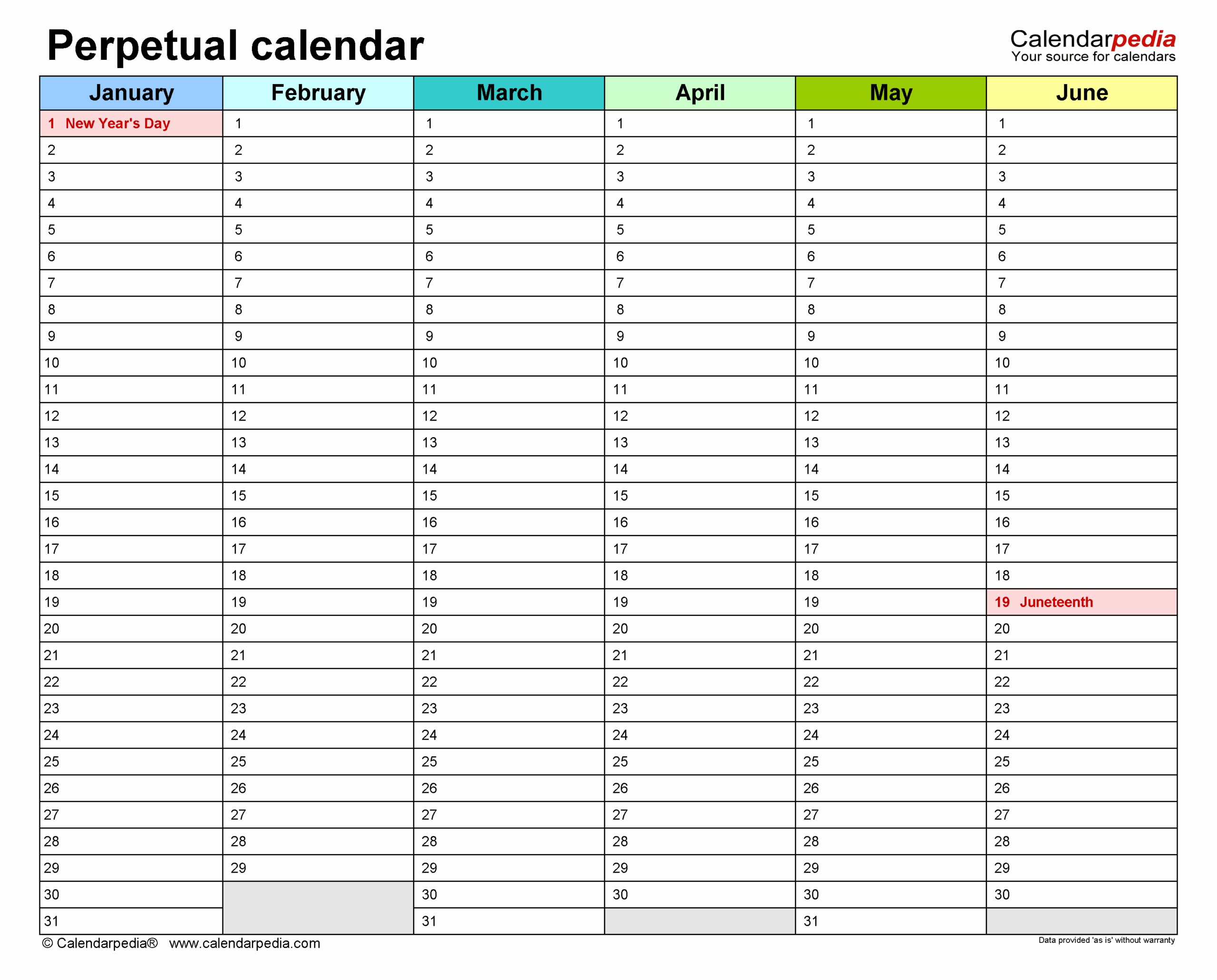 Perpetual Calendars Free Printable PDF Templates