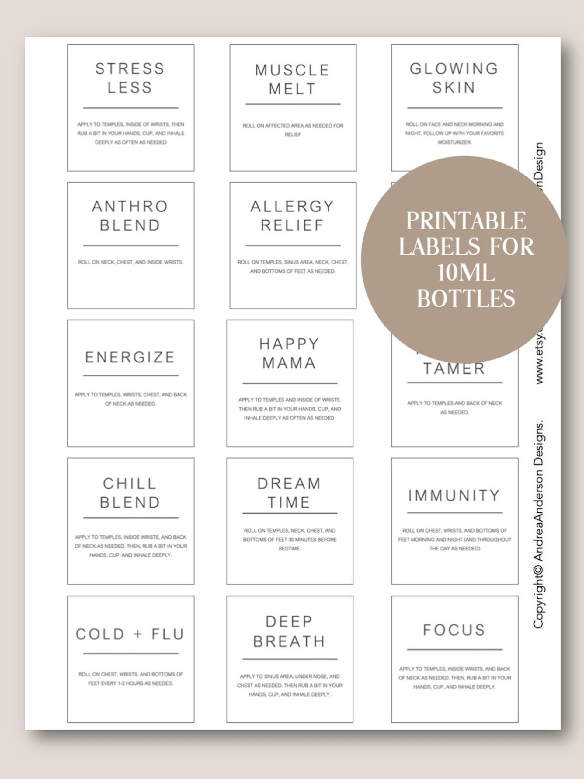 PRINTABLE Essential Oil 10ml Roller Bottle Labels Minimalist Essential Oil Label DIY Essential Oil Gift Printable Essential Oil Label