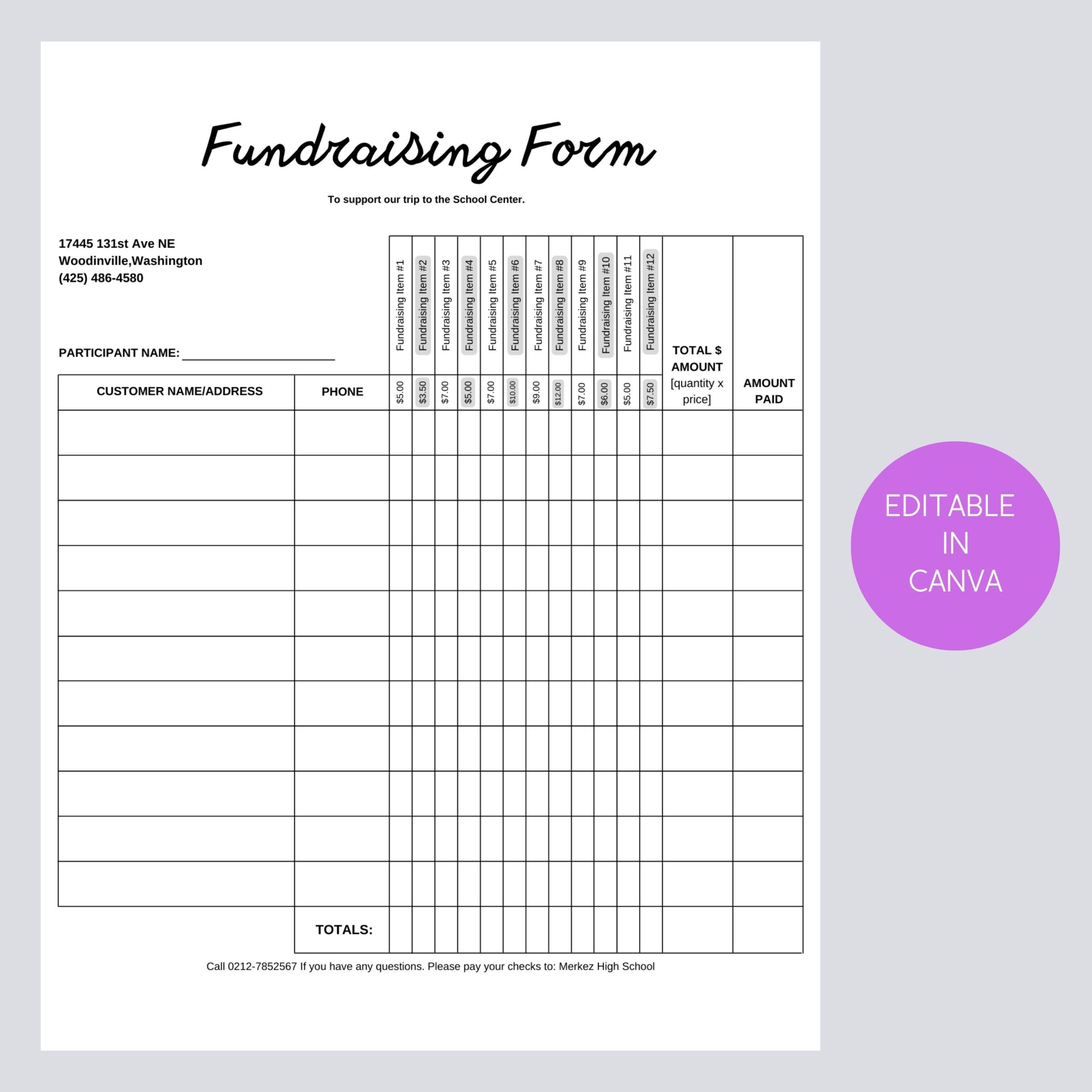 Printable Fundraising Form Order Tracking Page Canva Template 12 Item Columns With Prices 11 Customer Rows Custom zable