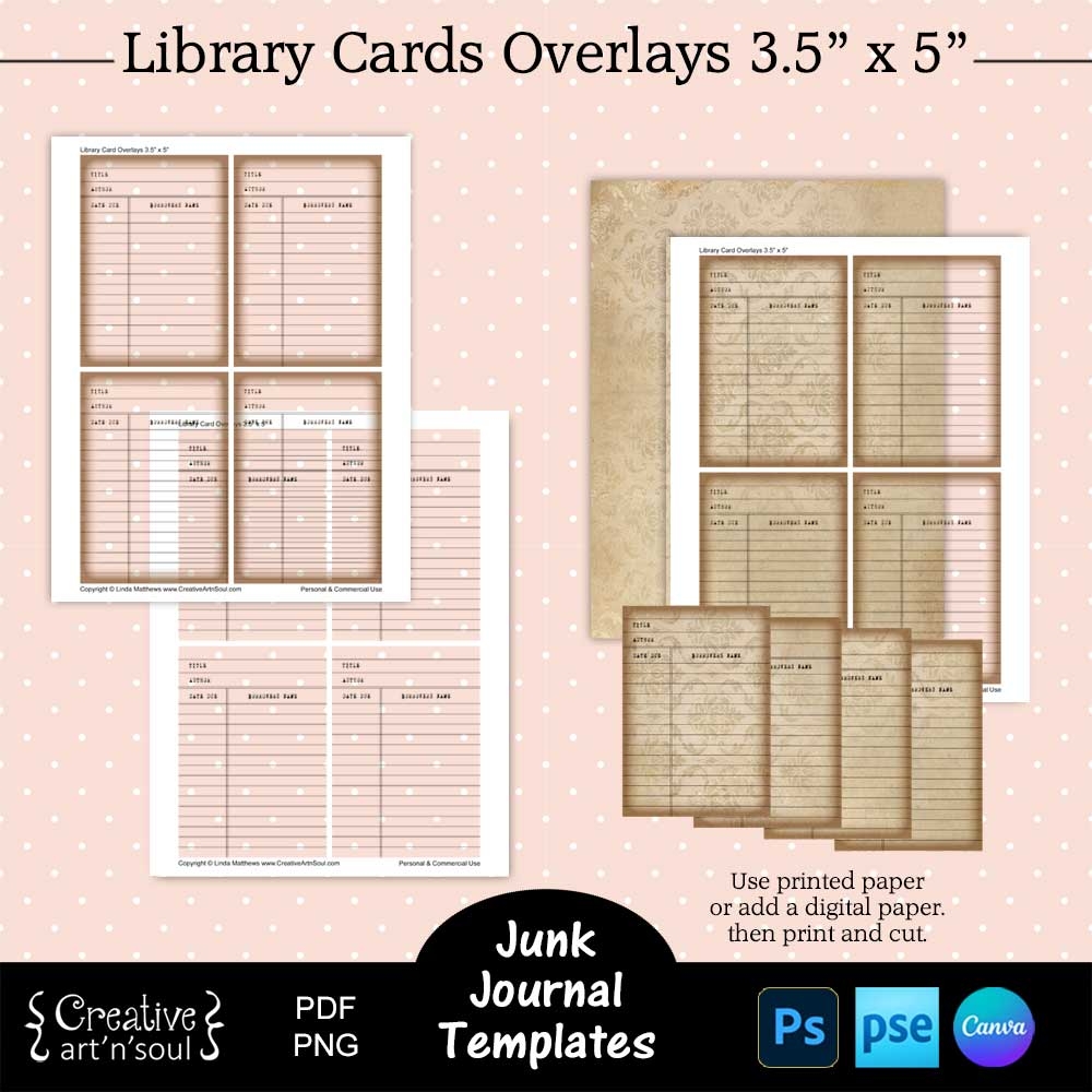 Printable Junk Journal Templates Library Cards 3 5