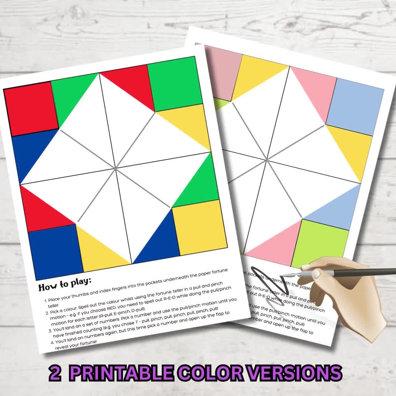 Printable Paper Fortune Teller Origami Cootie Catcher Chatter Box Boredom Buster Screen Free Birthday Sleepover Pre k Kids Activity
