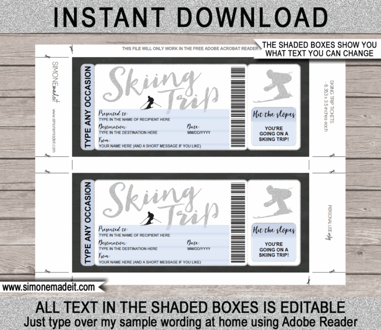 Printable Ski Trip Gift Voucher Template Editable Skiing Gift Ticket
