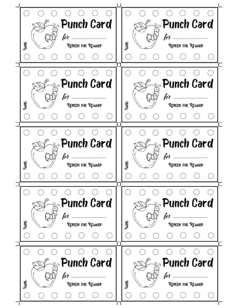 PUNCH Card Templates With Cute Apple And Worm color Black U0026 White 