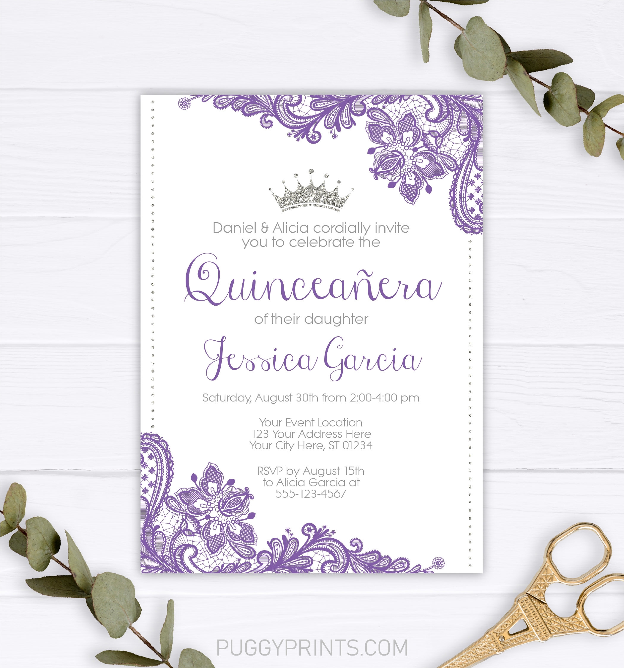 Quinceanera Invitation Princess Quincea era Invitation Template Purple Lace U0026 Silver Glitter Elegant Quinceanera Printable Mis Quince Etsy Hong Kong