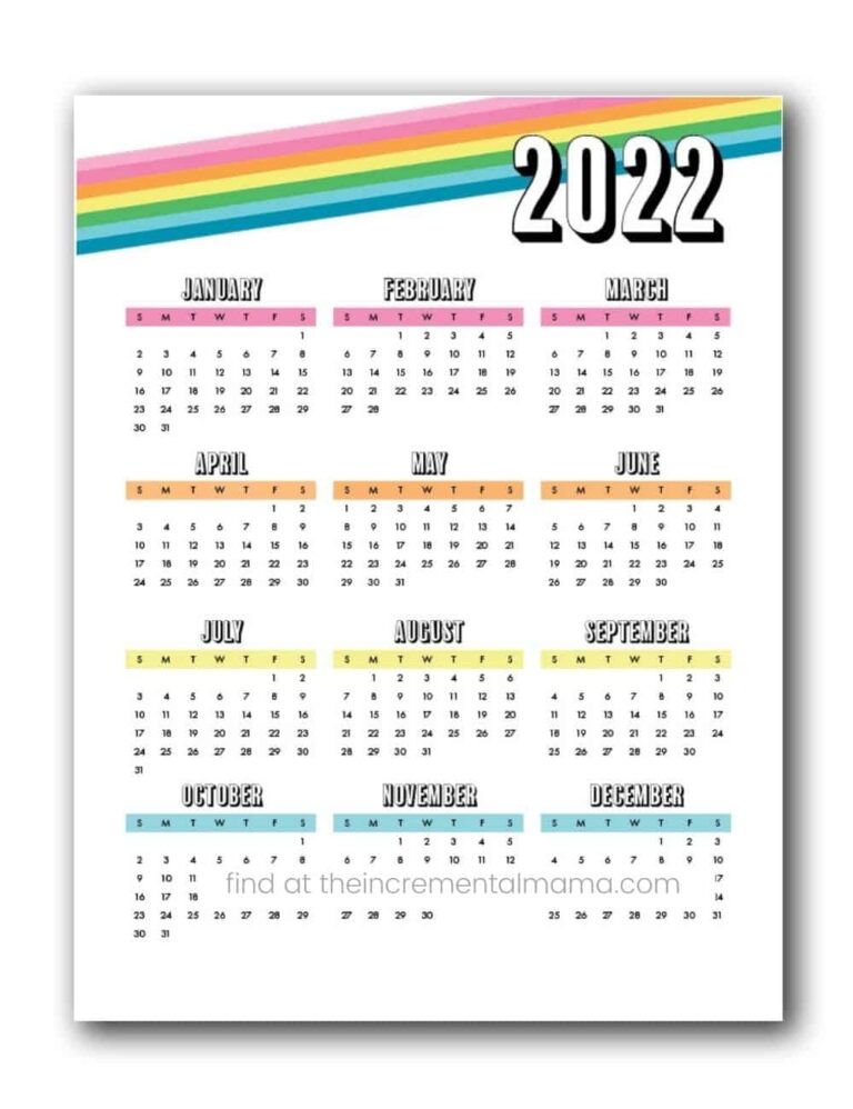 Rainbow 2022 One Page Calendar PDF Free Printable Template