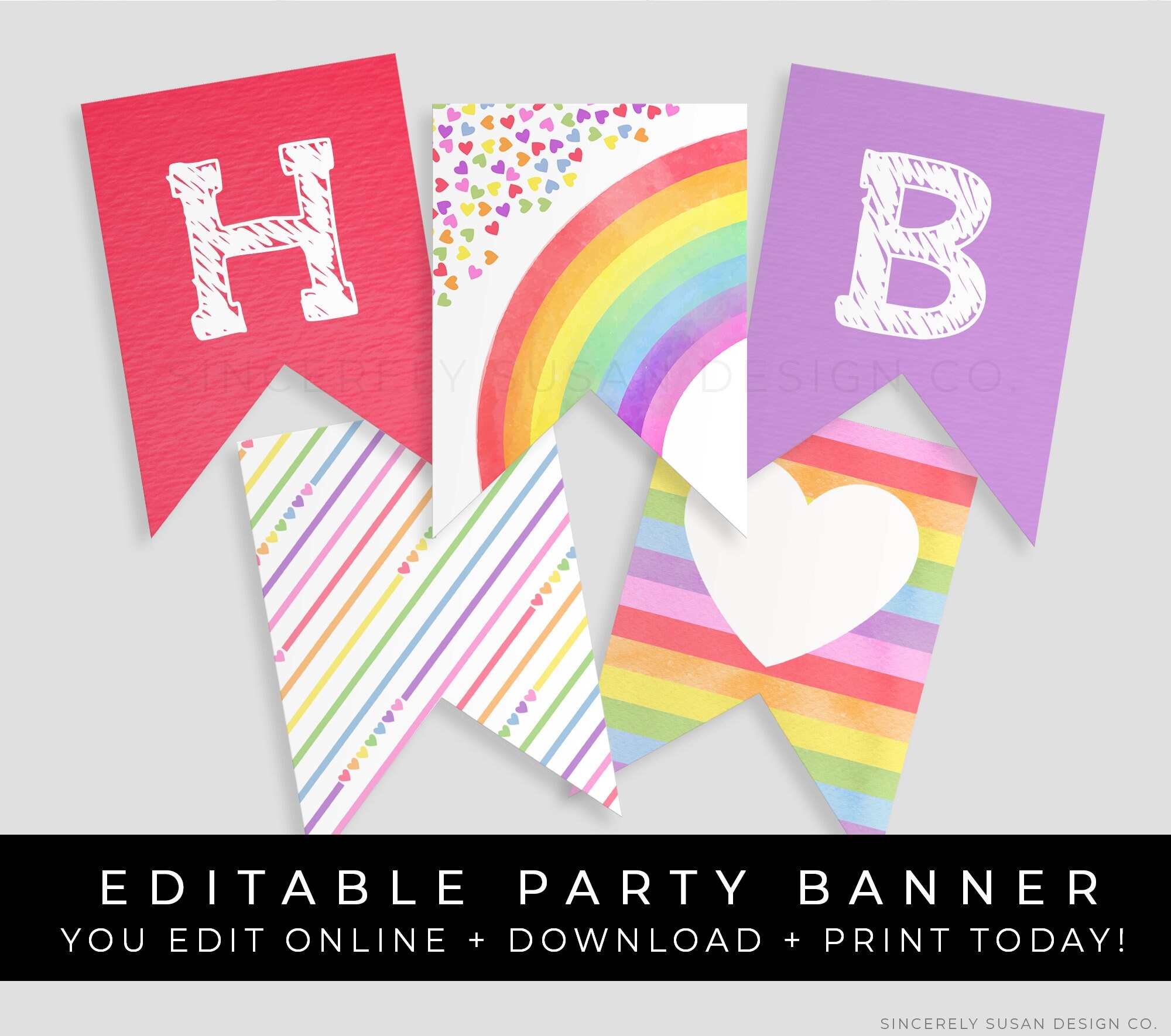 Rainbow Birthday Banner Printable Party Decorations Editable Rainbow Hearts Confetti Bunting Instant Download Template Corjl 016 Etsy