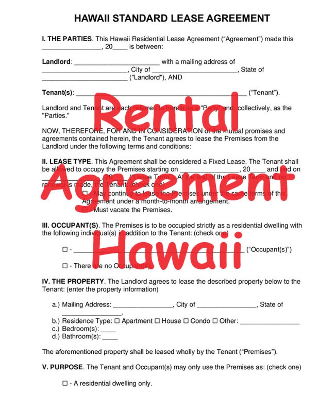 Free Printable Hawaii Rental Agreement Template