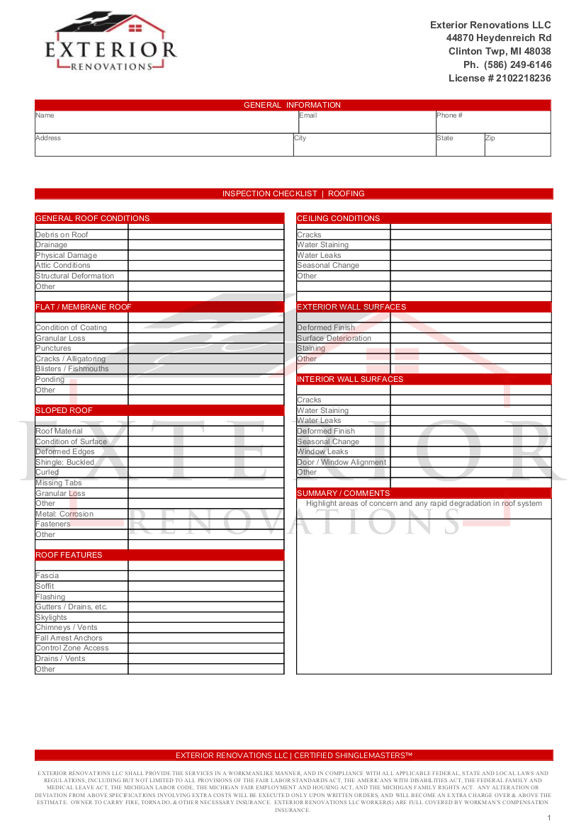 Free Printable Roofing Inspection Template
