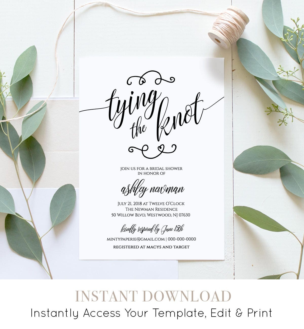 Rustic Bridal Shower Invitation Printable Tying The Knot Wedding 