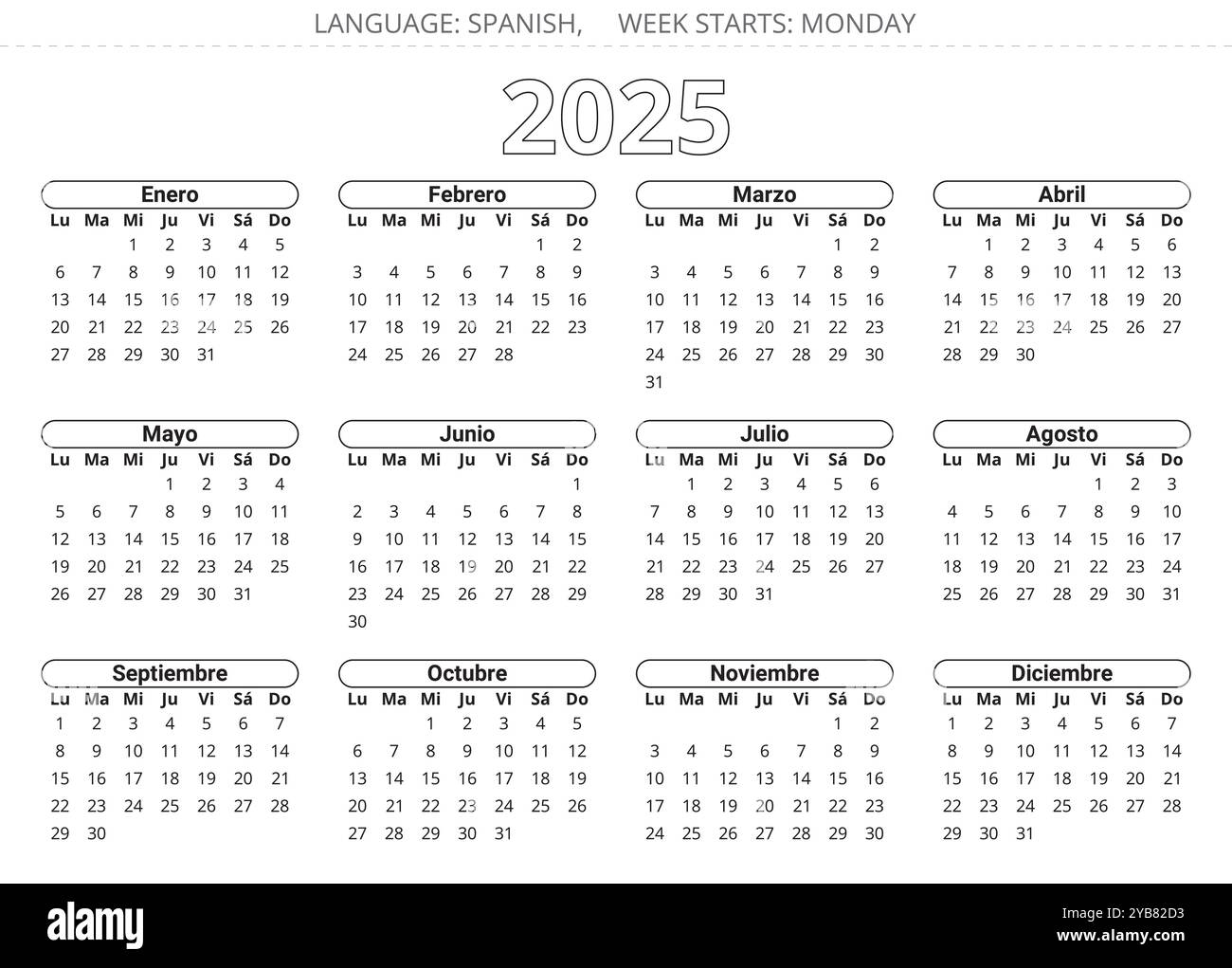 Spanish 2025 Year Calendar Printable Vector Illustration For Spain Stock Vector Image U0026 Art Alamy