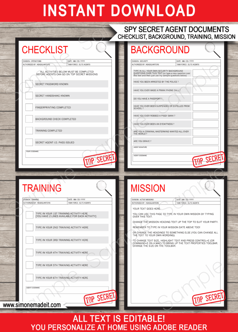 Spy Party Mission U0026 Activities Checklist Templates Red