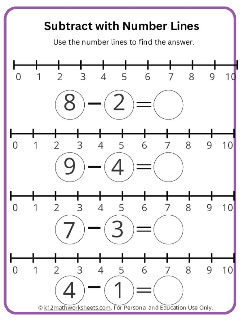 Subtract With Number Lines K12 Math Worksheets Subtract With Number Lines K12 Math Worksheets